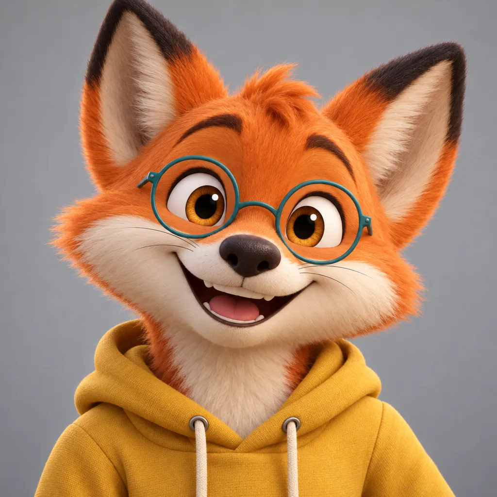 Pembrook the fox as a smooth, glossy 3D cartoon with teal glasses and a mustard hoodie.
