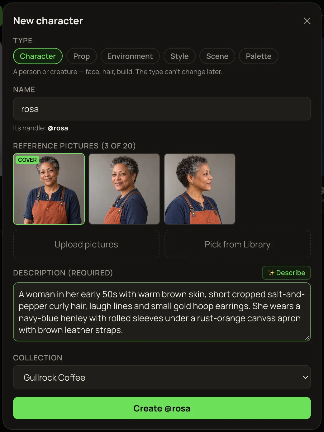 The New character window: the name rosa with its handle @rosa, Rosa’s three pictures with the first as cover, her description, the Gullrock Coffee collection and Create @rosa.