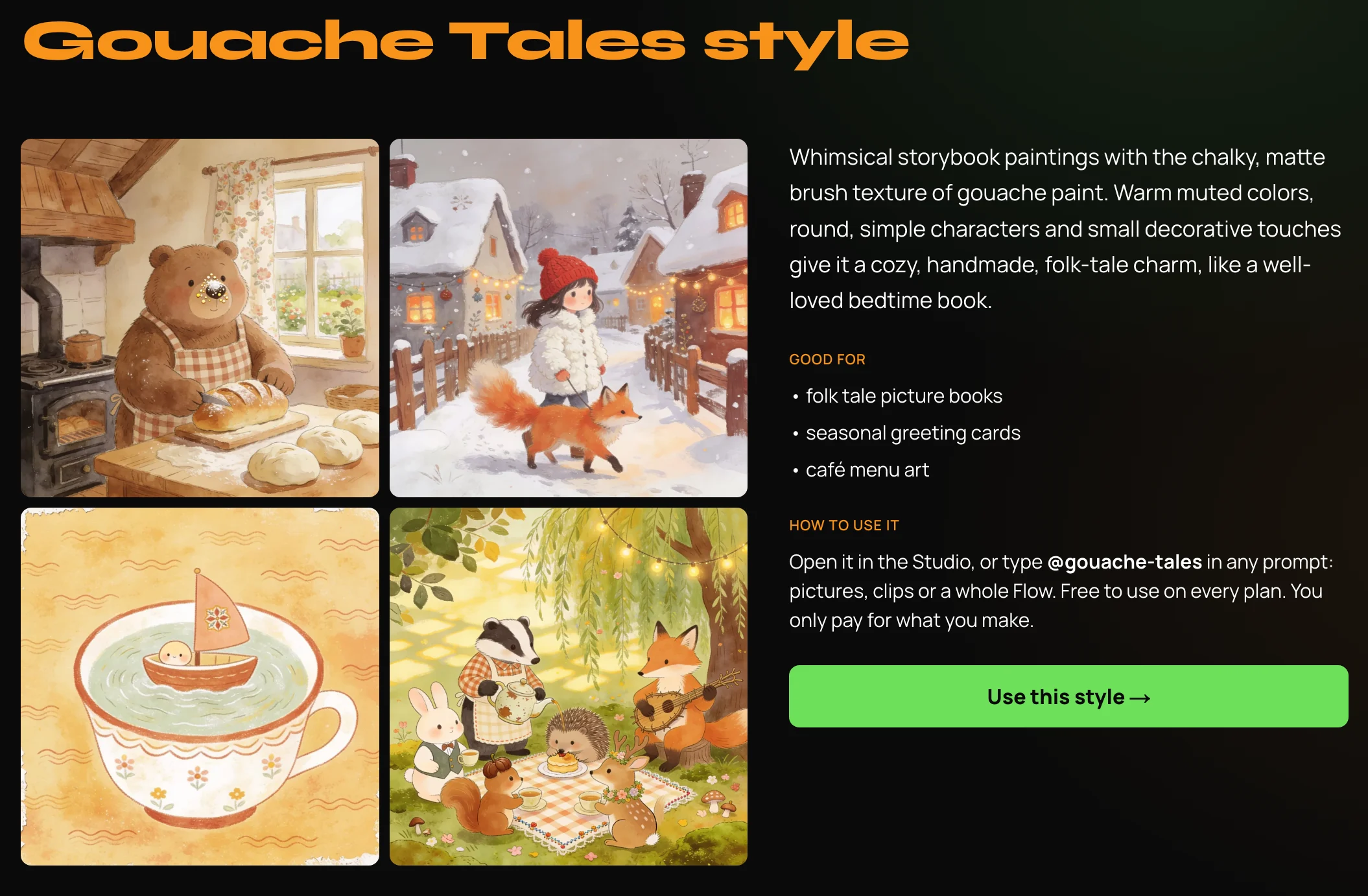The Gouache Tales style page: four example paintings, a description, Good for: folk tale picture books, seasonal greeting cards, café menu art, How to use it, and a green Use this style button.
