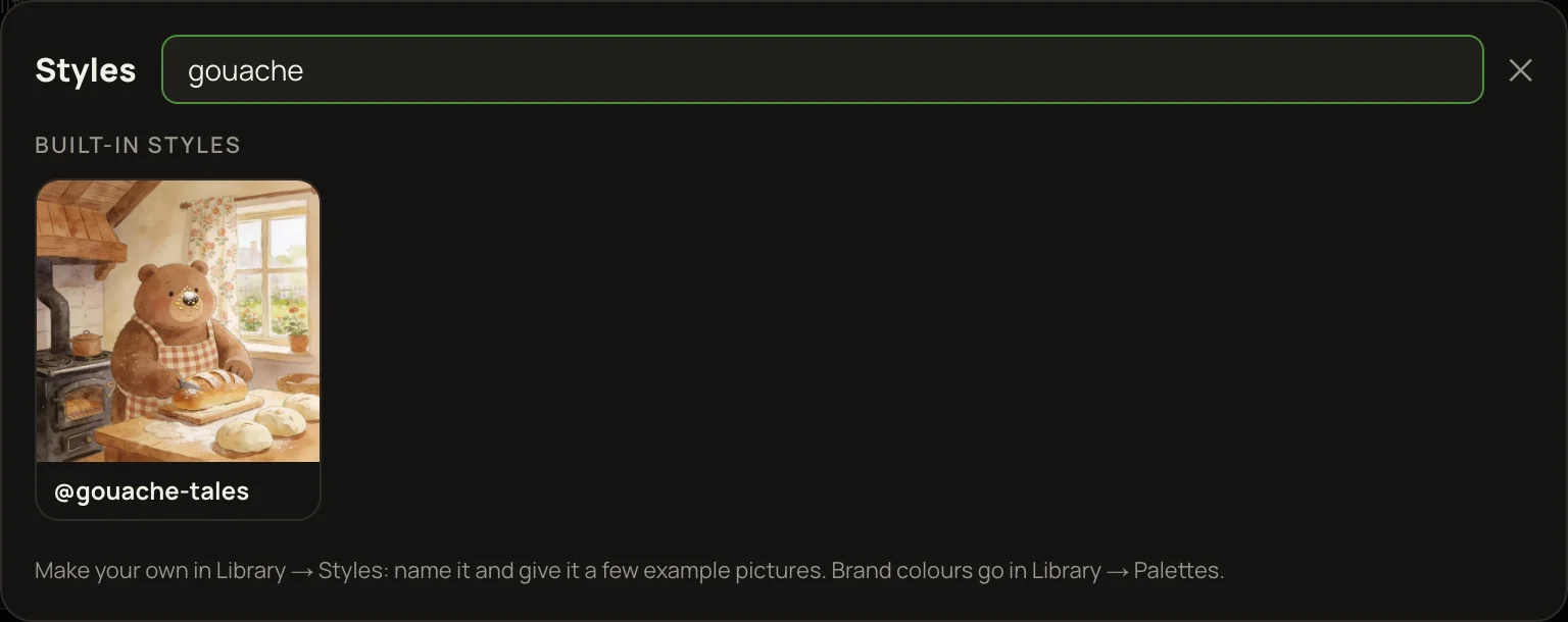 The Styles window from 🎨 Style with “gouache” typed in the search box, showing the built-in style @gouache-tales.