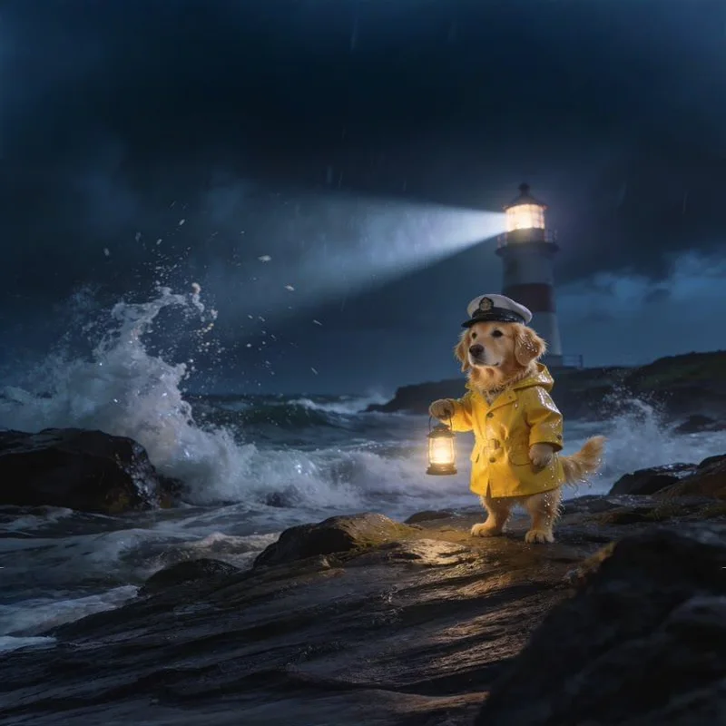 The same scene made square: new stormy sky above and wet rocks below, matched to the original.