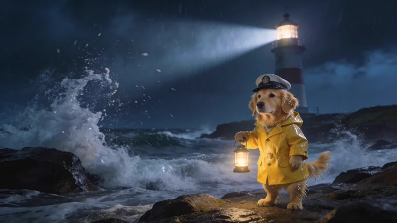 A dog in a yellow raincoat with a lantern on stormy rocks by a lighthouse, in a wide frame.