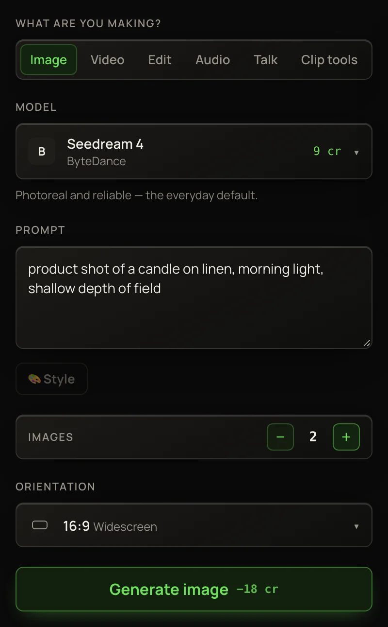The Image lane with Seedream 4 picked, a candle prompt typed, Images set to 2, Widescreen orientation, and the Generate image button showing its price.