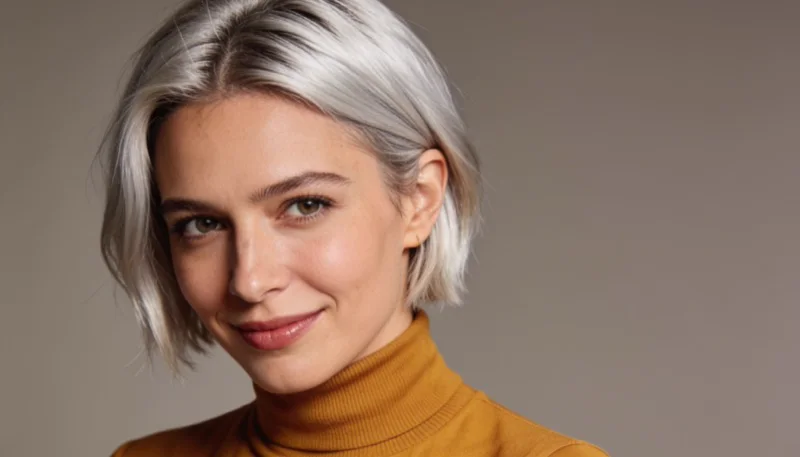 A portrait of a woman with short platinum hair in a mustard turtleneck.