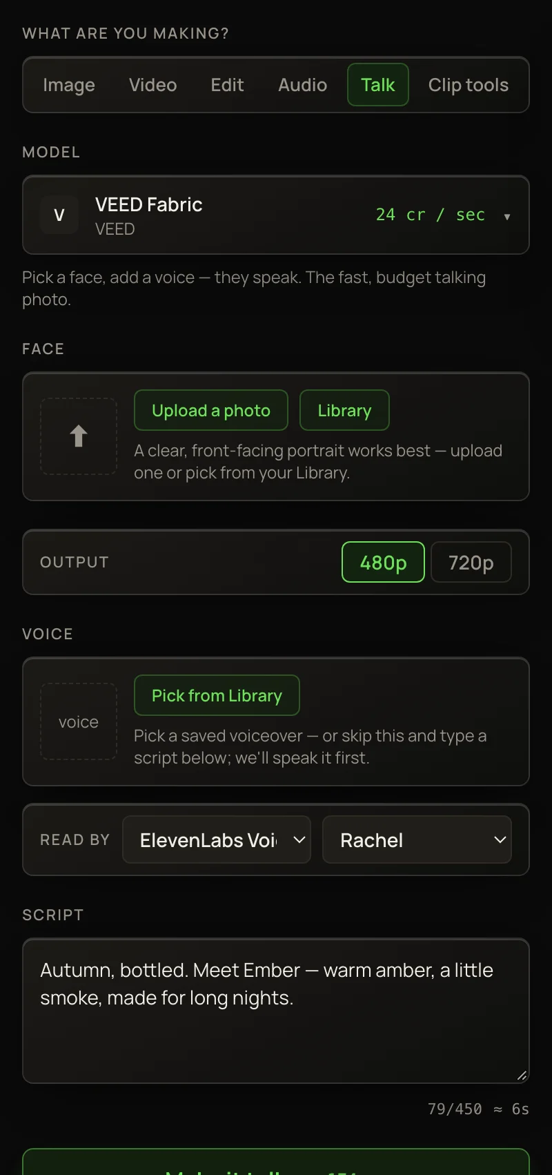 The Talk lane for a talking photo: the Face slot, Output 480p or 720p, the voice options with Read by, a short script and the Make it talk button.