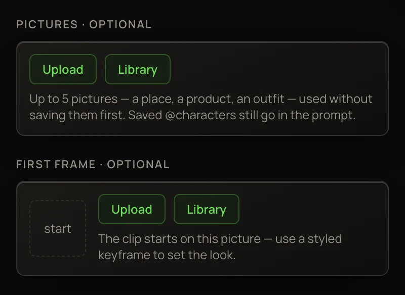 The two optional boxes for Kling O3 · Entities: Pictures, with Upload and Library buttons for up to 5 pictures, and First frame, with Upload and Library buttons.