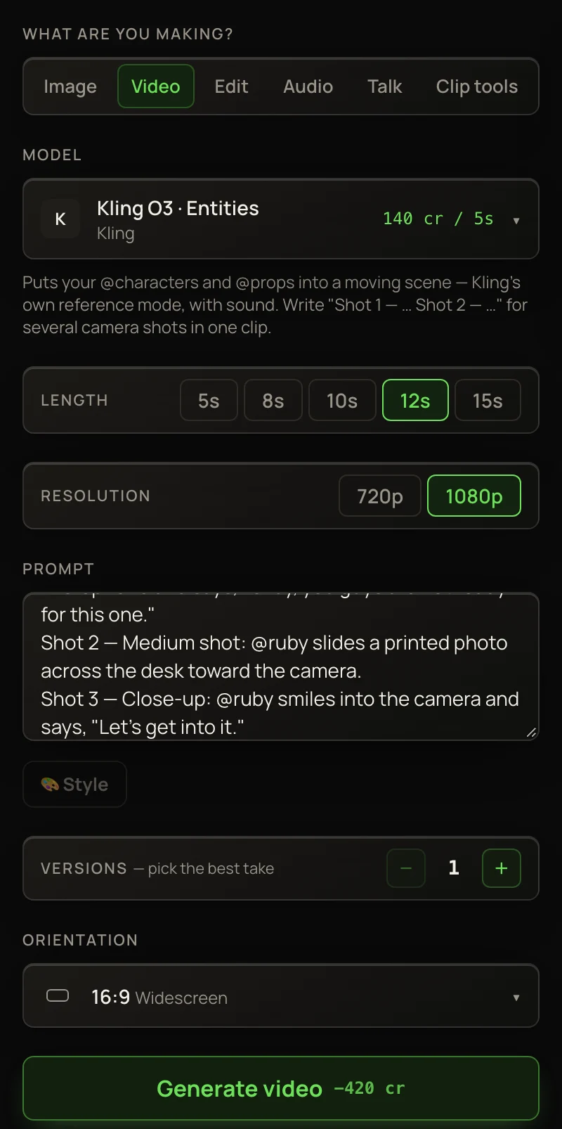 The Video lane with Kling O3 · Entities picked, Length 12s, Resolution 1080p, a prompt written as Shot 1, Shot 2 and Shot 3, Orientation 16:9 and the Generate video button.