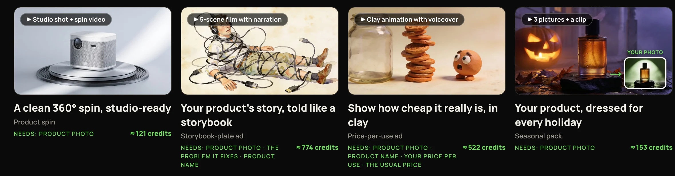 A row of recipe cards: each with its tag, bold hook line, name, Needs line and price; the Seasonal pack card shows a framed YOUR PHOTO corner with a green arrow.