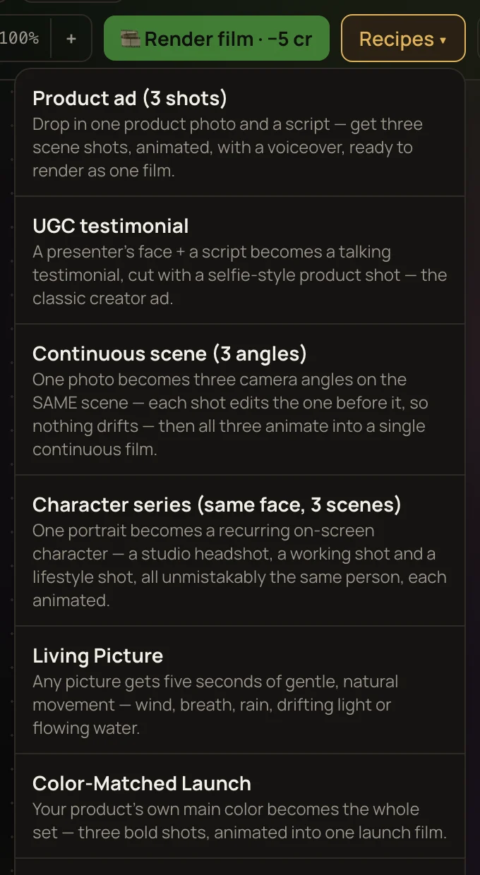 Flow's Recipes menu open, listing ready-made flows such as Product ad (3 shots), UGC testimonial and Continuous scene, each with a one-line summary.