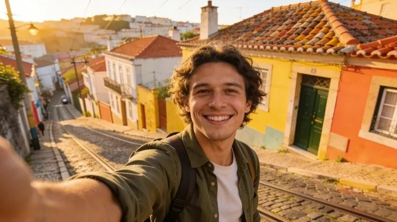 The same selfie with the tram gone; the street, rails and houses continue naturally behind him.