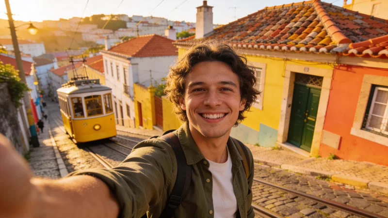 A traveller's selfie on a Lisbon street with a yellow tram behind him.