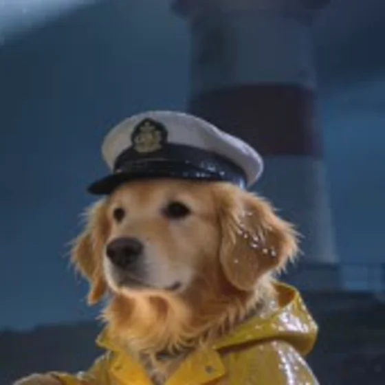 A close-up of a dog in a sailor cap, soft and blurry from zooming in on the original.