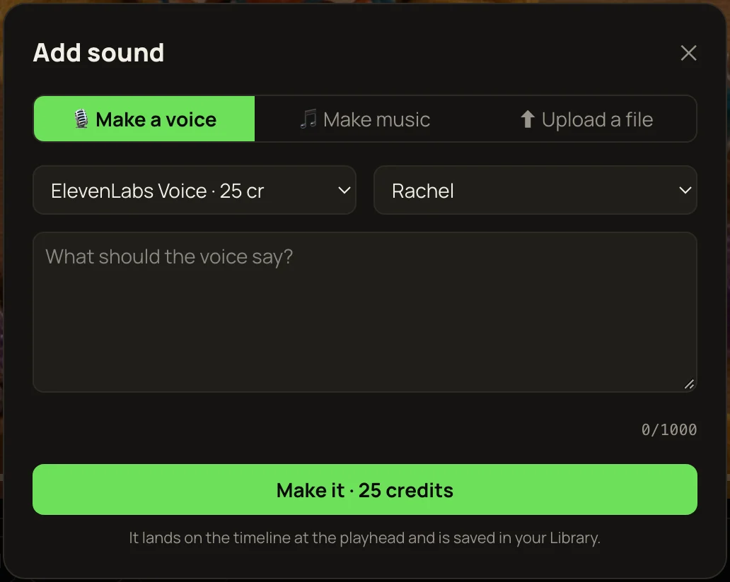 The Add sound window: Make a voice, Make music or Upload a file, a voice model and voice, a box for the script, and the Make it button with its price.