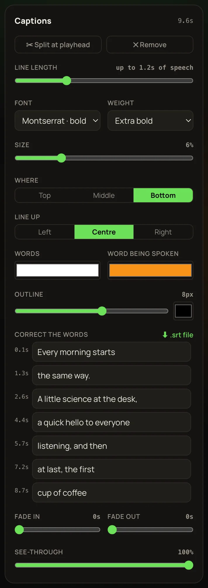 Caption settings: line length, font, size, where they sit, word colour and the colour of the word being spoken, outline, and a list of lines you can correct, with a .srt file button.