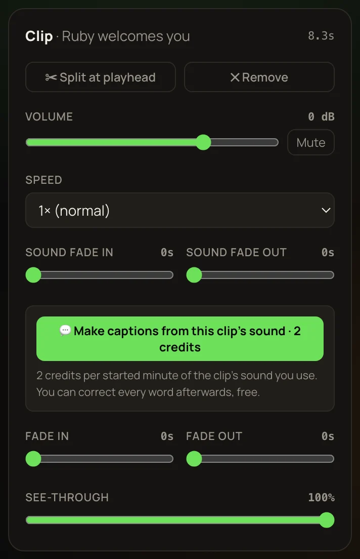 A clip's settings: Split at playhead, Remove, Volume with Mute, Speed, sound fades, Make captions from this clip's sound, picture fades and See-through.