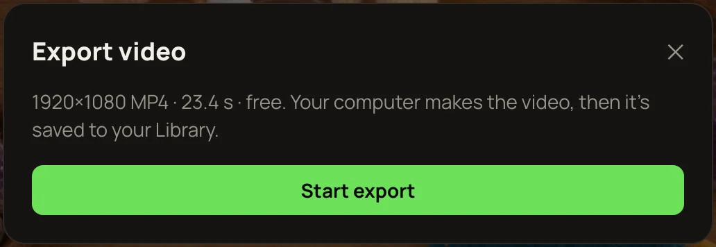 The Export video window: 1920 by 1080 MP4, the length, free, and the Start export button.