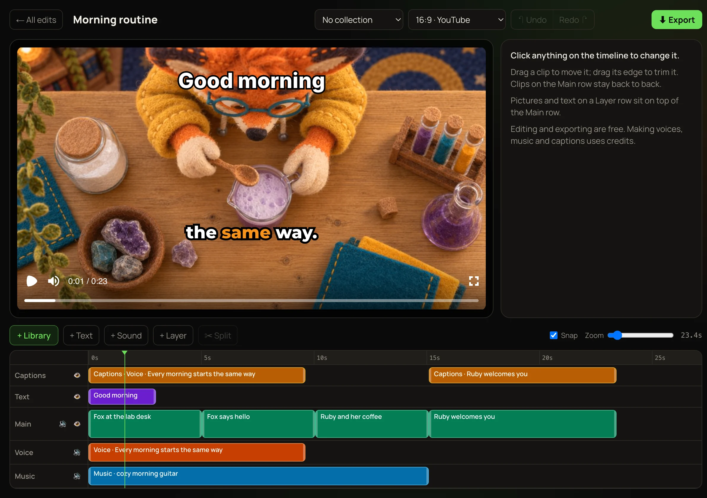 The Video editor: the preview at the top left, the settings panel on the right, and the timeline below with rows for captions, text, the main clips, the voice and the music.