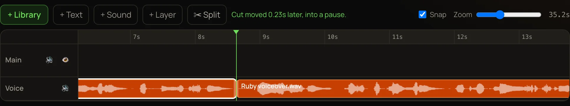 A voice on the timeline with its sound wave. The playhead sits in a flat gap between two words, where the voice was split in two, and the note beside Split says: Cut moved 0.23s later, into a pause.