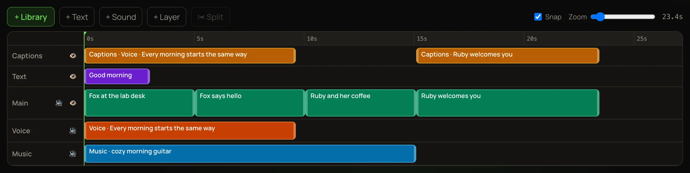 The timeline: the + Library, + Text, + Sound, + Layer and Split buttons, Snap and Zoom, and rows for Captions, Text, Main, Voice and Music.