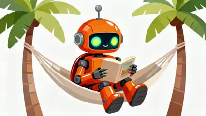 A cartoon robot reading a book in a hammock between two palm trees.