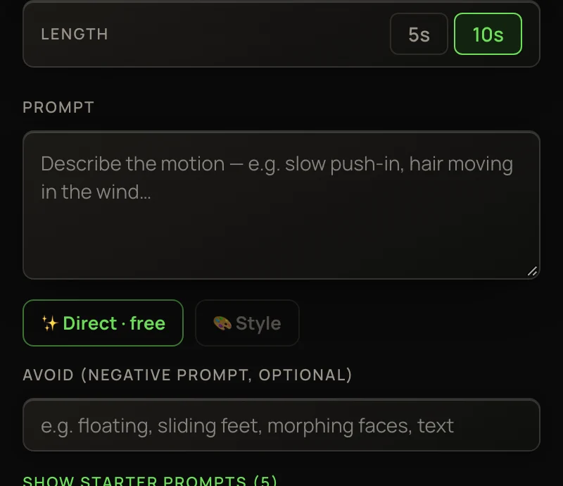 Kling 2.5 Turbo Pro set to 10 seconds: the Generate video button shows the total for that length.