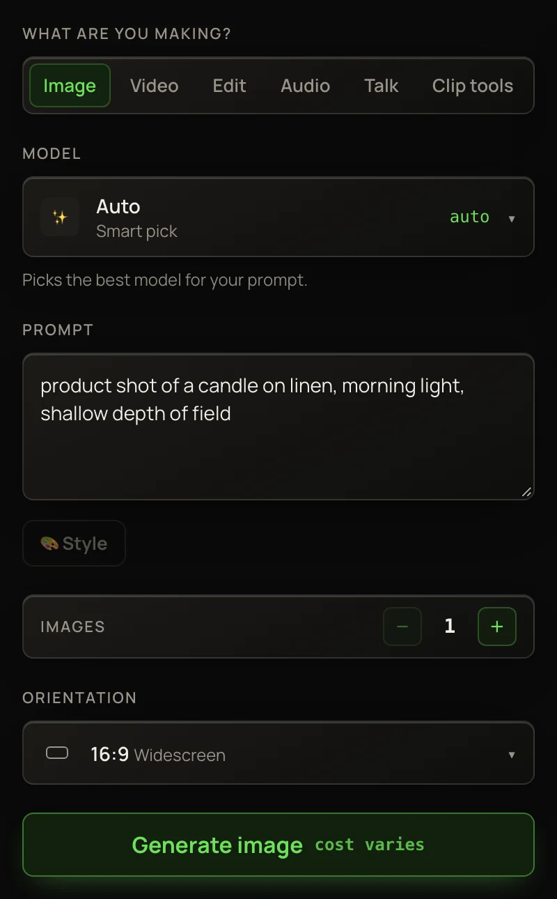 The Studio's Image lane with Auto selected, a candle prompt typed, 16:9 orientation, and the Generate image button showing cost varies.