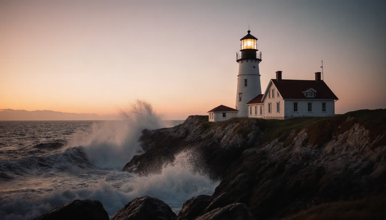 FLUX Krea: A lighthouse on a rocky coast at dusk, waves breaking, warm light glowing in the lamp room, photographic