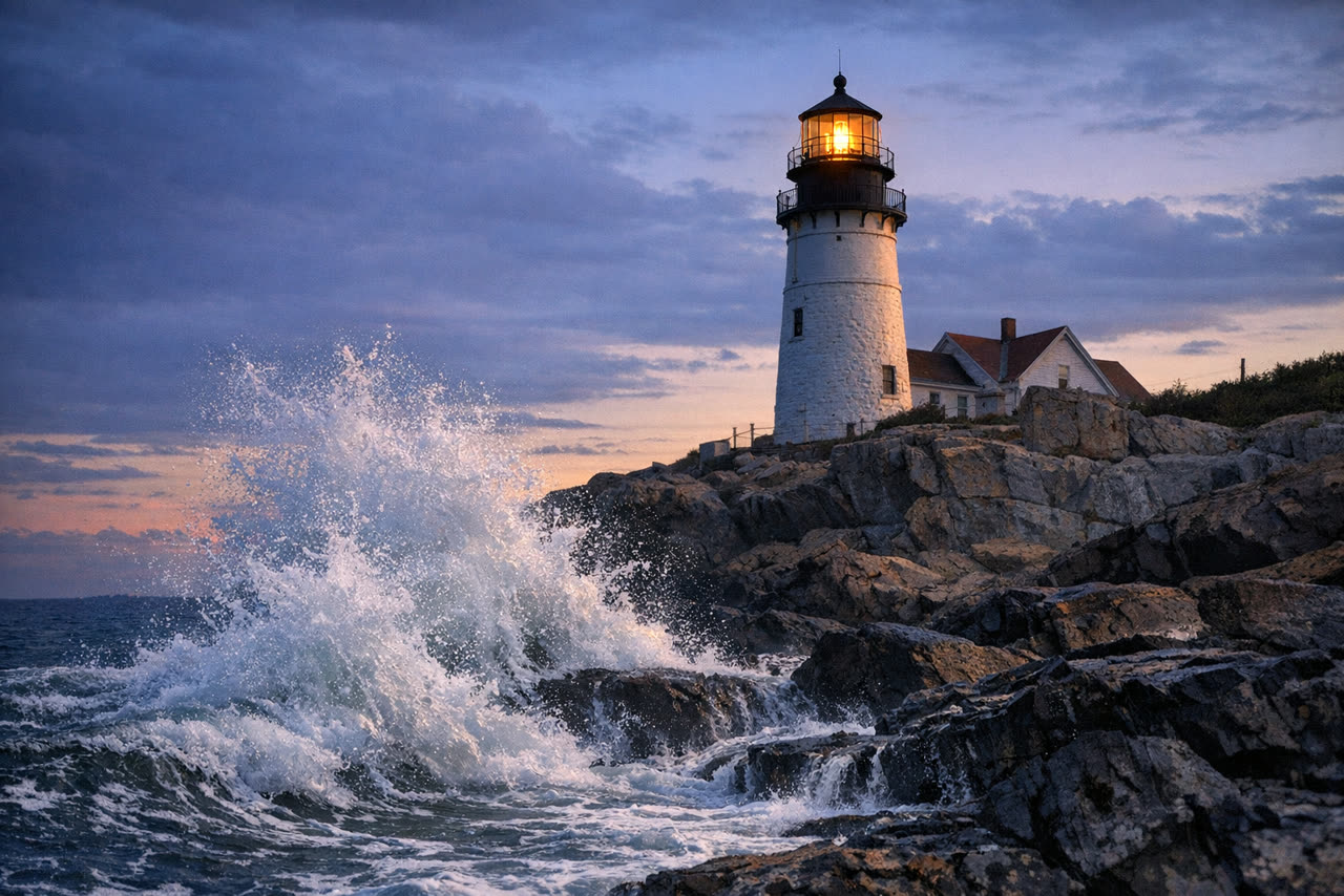 GPT Image 1.5: A lighthouse on a rocky coast at dusk, waves breaking, warm light glowing in the lamp room, photographic