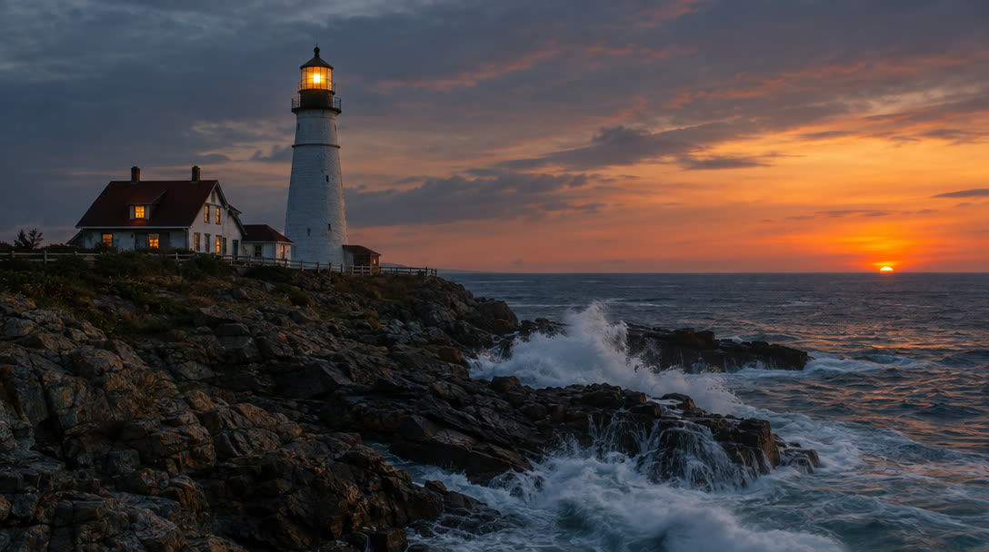 GPT Image 2.5 Flare: A lighthouse on a rocky coast at dusk, waves breaking, warm light glowing in the lamp room, photographic