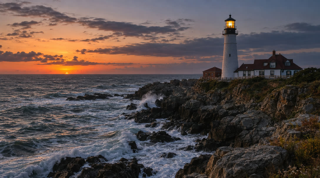 GPT Image 2.5 Sunburst: A lighthouse on a rocky coast at dusk, waves breaking, warm light glowing in the lamp room, photographic