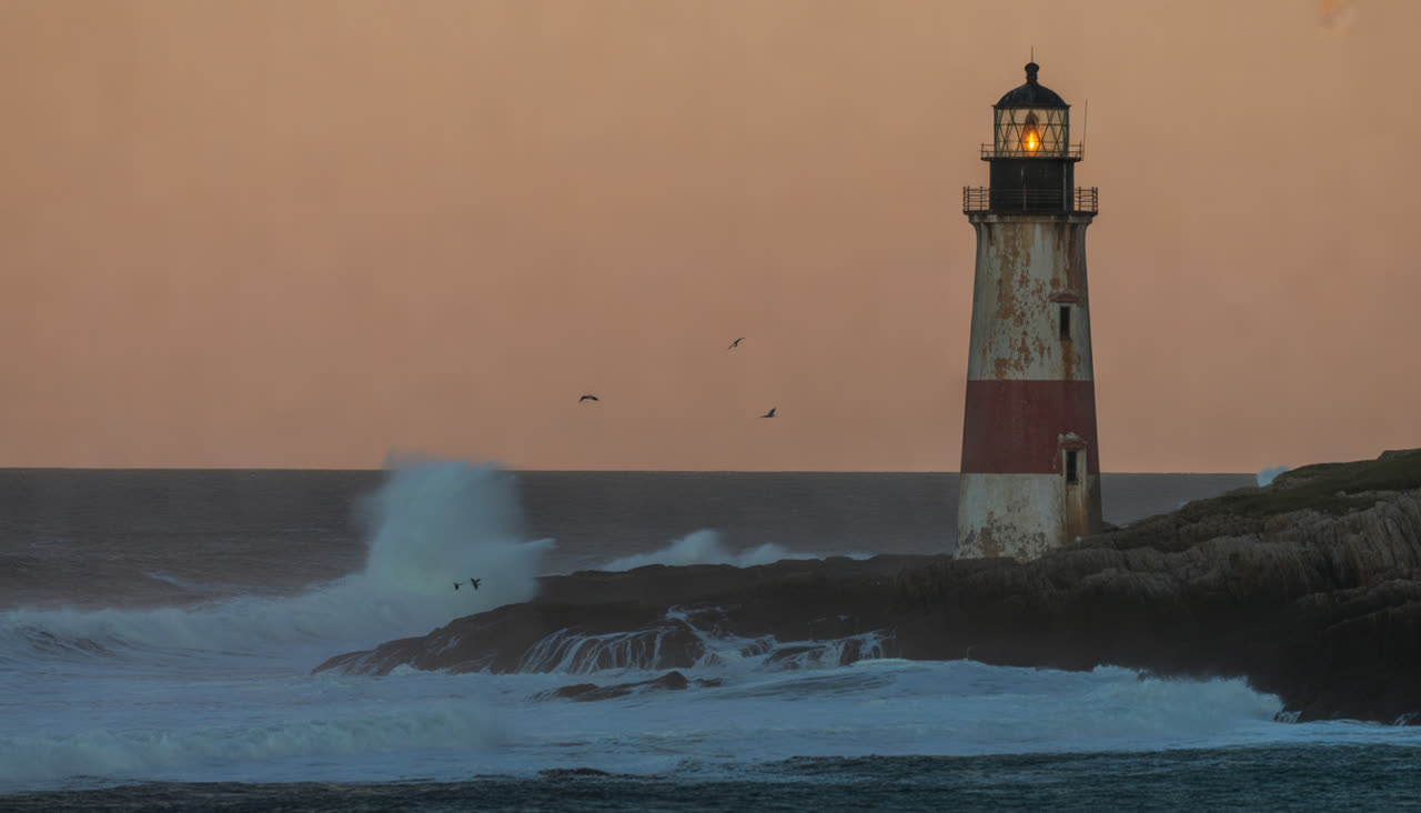 Ideogram 3: A lighthouse on a rocky coast at dusk, waves breaking, warm light glowing in the lamp room, photographic