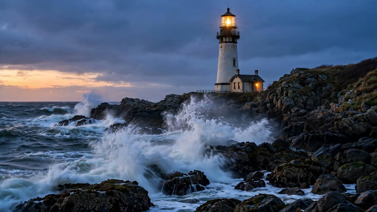 Meta Muse Image: A lighthouse on a rocky coast at dusk, waves breaking, warm light glowing in the lamp room, photographic