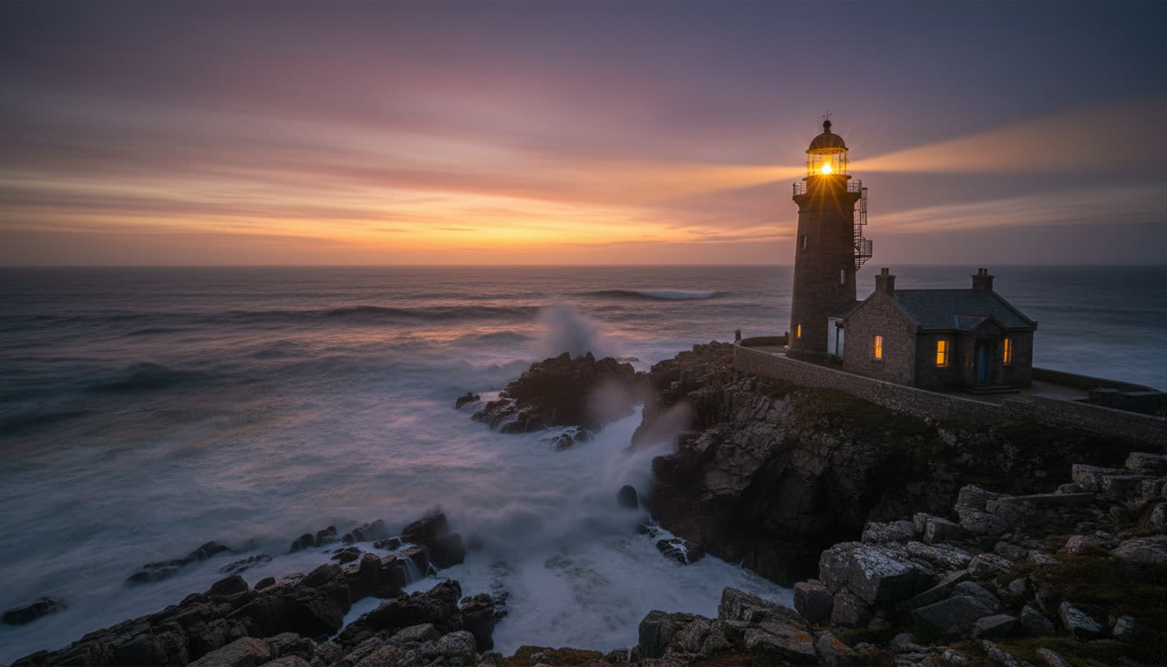 Nano Banana: A lighthouse on a rocky coast at dusk, waves breaking, warm light glowing in the lamp room, photographic