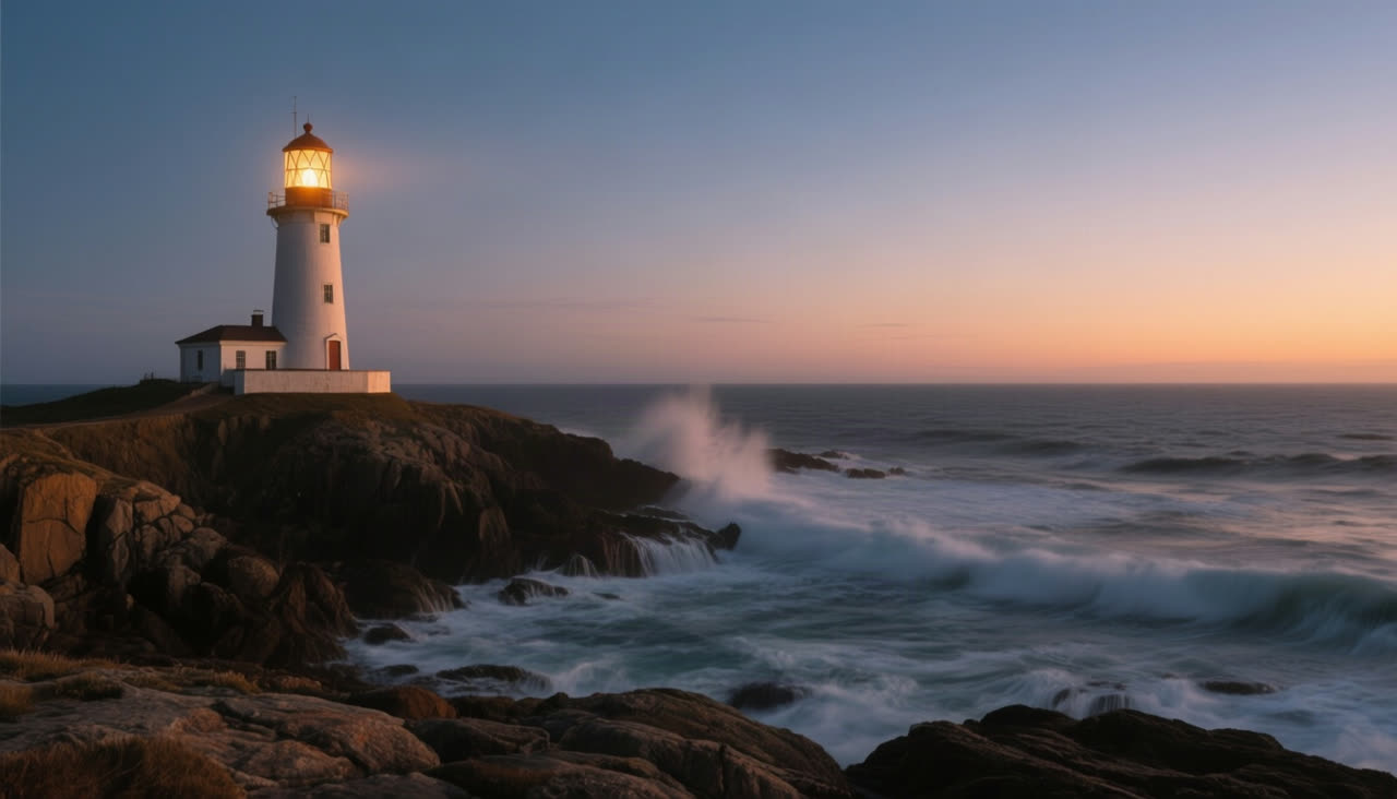 Qwen Image: A lighthouse on a rocky coast at dusk, waves breaking, warm light glowing in the lamp room, photographic