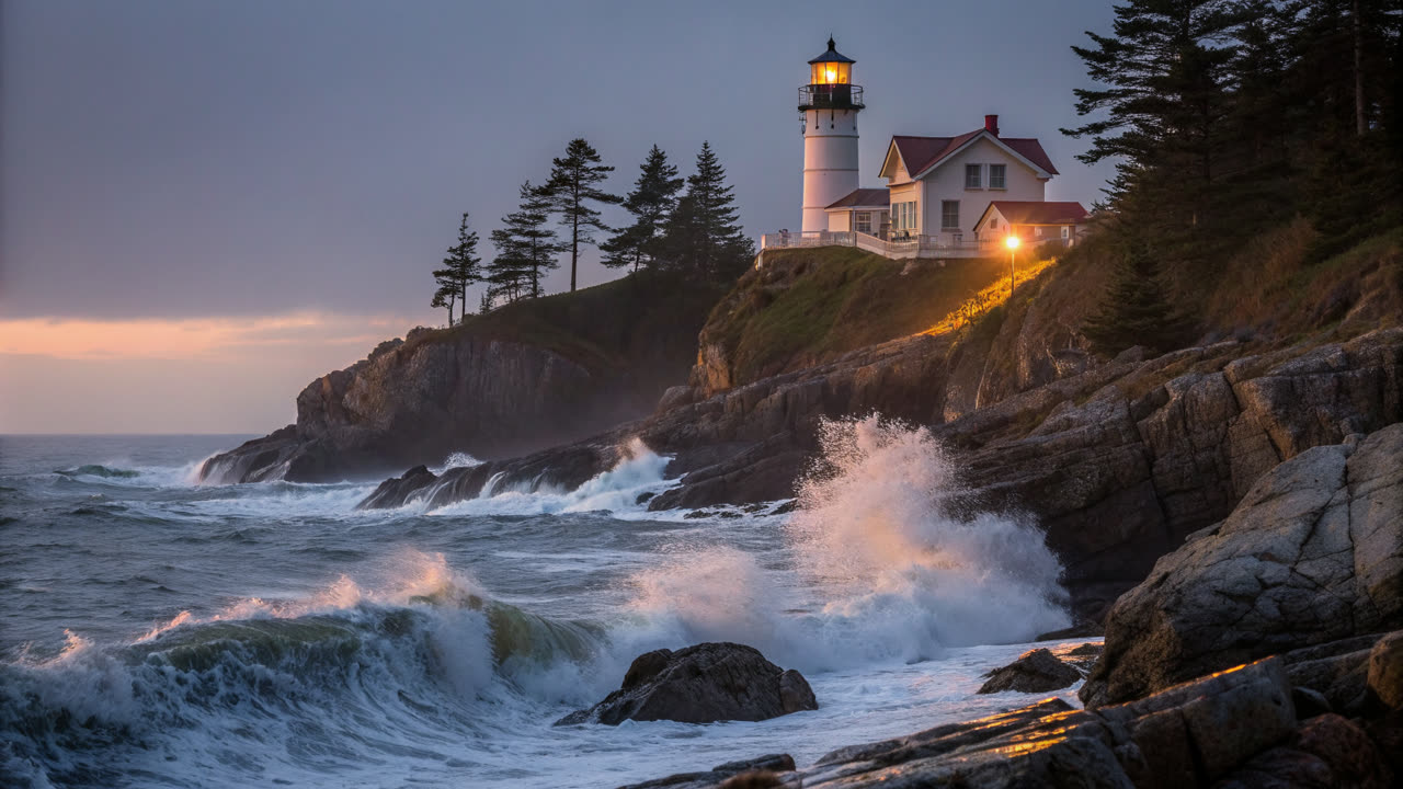 Recraft V3: A lighthouse on a rocky coast at dusk, waves breaking, warm light glowing in the lamp room, photographic