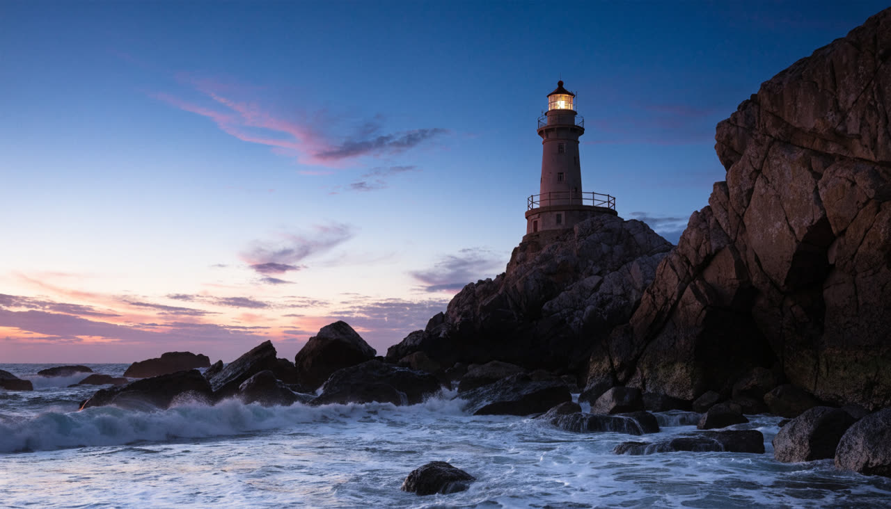 Recraft V4.1: A lighthouse on a rocky coast at dusk, waves breaking, warm light glowing in the lamp room, photographic