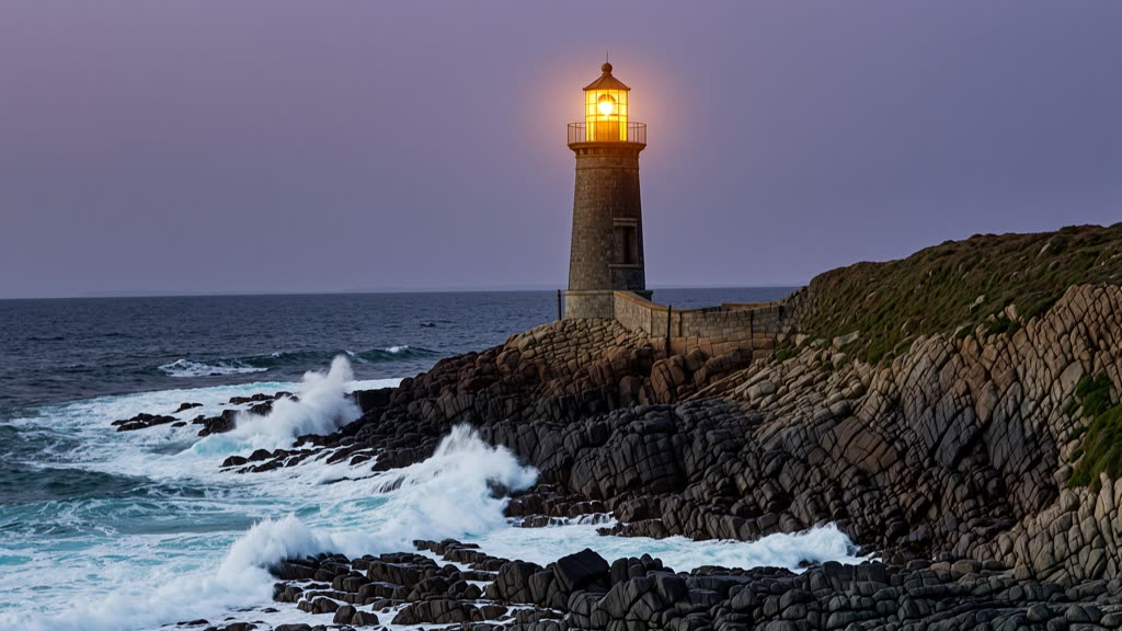Wan 2.7: A lighthouse on a rocky coast at dusk, waves breaking, warm light glowing in the lamp room, photographic
