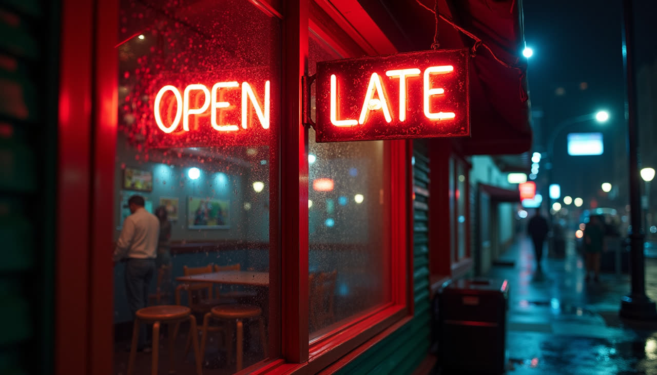 FLUX.1 [dev]: A neon sign that reads "OPEN LATE" above a rainy city diner window at night, reflections on the wet street, photo