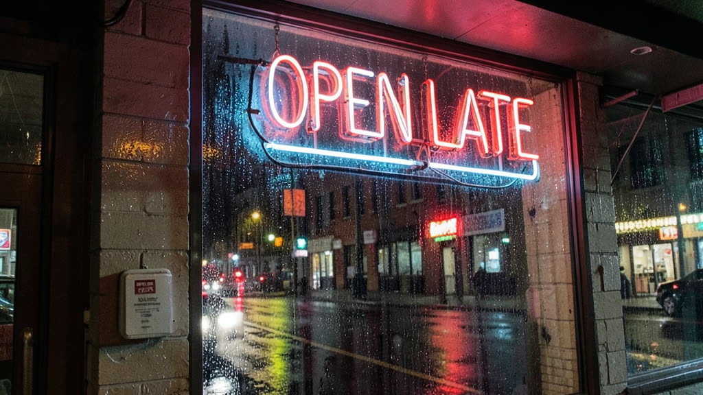 FLUX.2 Klein 4B: A neon sign that reads "OPEN LATE" above a rainy city diner window at night, reflections on the wet street, photo
