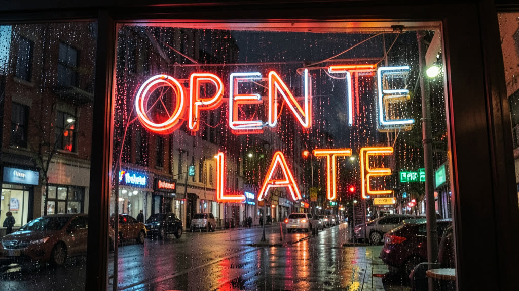 FLUX.2 Klein 4B: A neon sign that reads "OPEN LATE" above a rainy city diner window at night, reflections on the wet street, photo