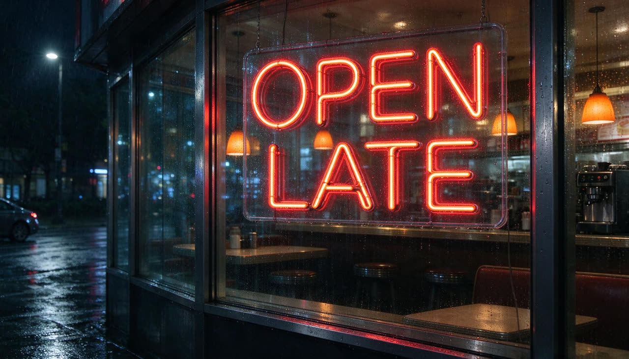 Seedream 5 Flash: A neon sign that reads "OPEN LATE" above a rainy city diner window at night, reflections on the wet street, photo