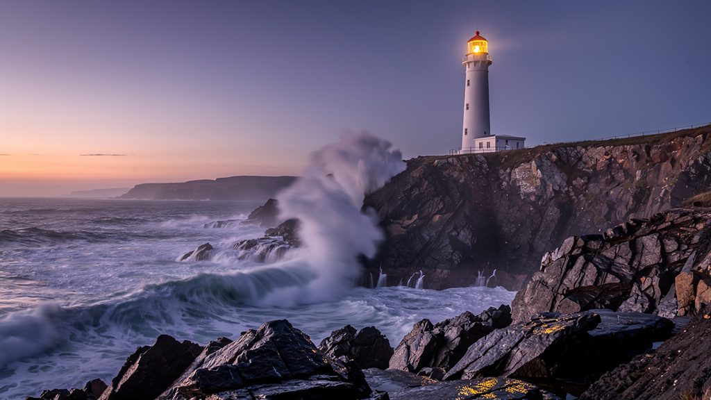 Made with FLUX 2 Pro: A lighthouse on a rocky coast at dusk, waves breaking, warm light glowing in the lamp room, photographic
