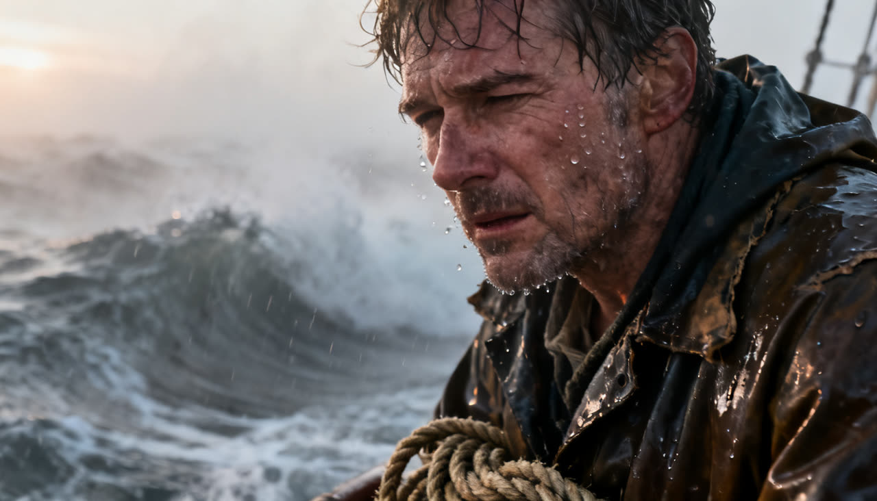 Seedream 4: A cinematic close-up of a sailor in foggy seas.