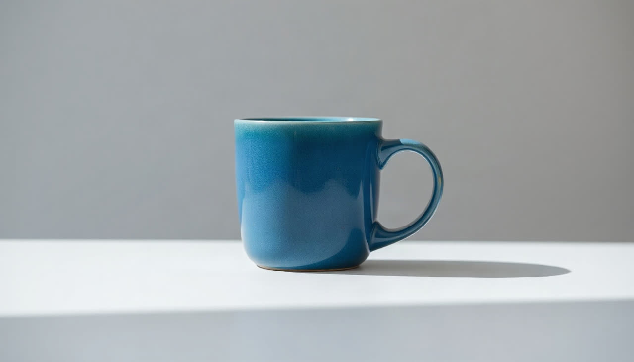 FLUX Schnell: A blue mug on a white table, from a nine-word prompt.