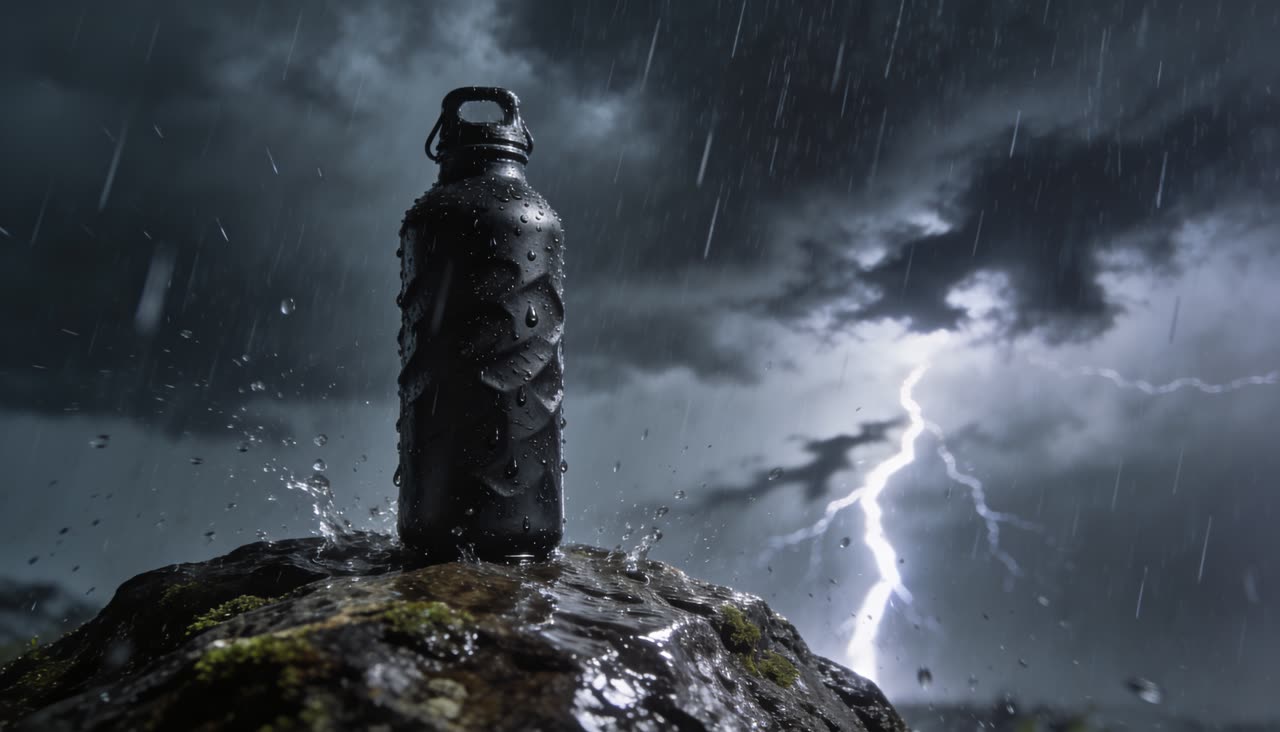 Seedream 4.5: An action product photo: a bottle in a lightning storm.