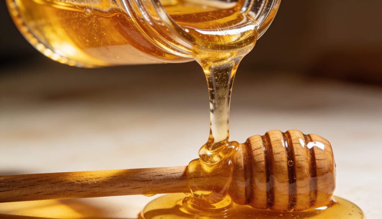 Seedream 4.5: A food macro: honey pouring onto a dipper.