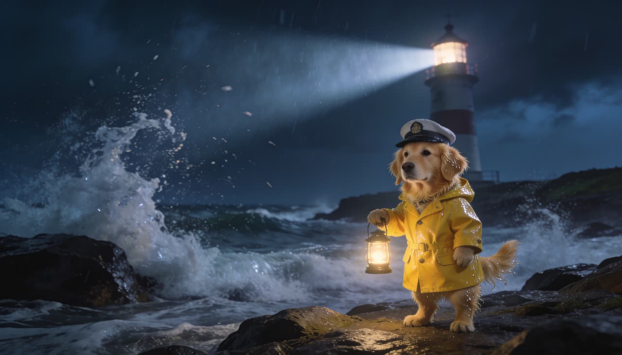 Seedream 4.5: A dog in a yellow oilskin with a lantern, lighthouse beam behind.