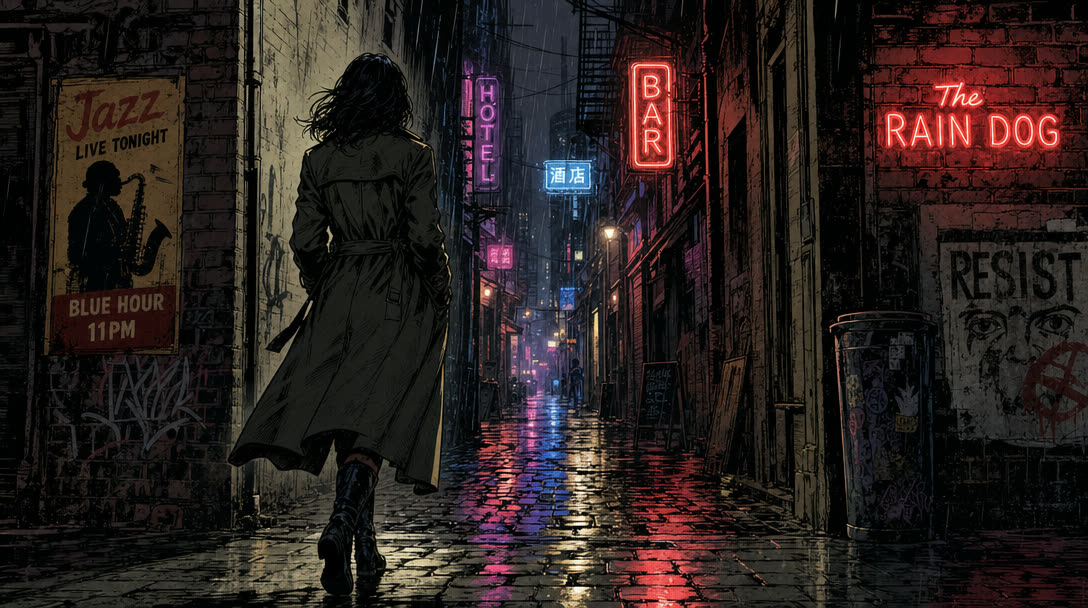 GPT Image 2: A graphic-novel alley scene with readable neon signs.