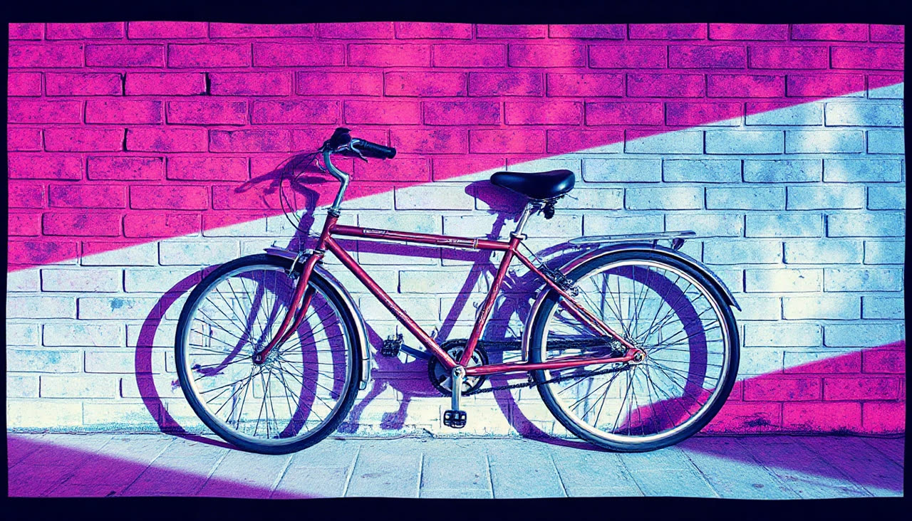FLUX Schnell: A bicycle in one of our built-in styles, a two-colour riso print look.