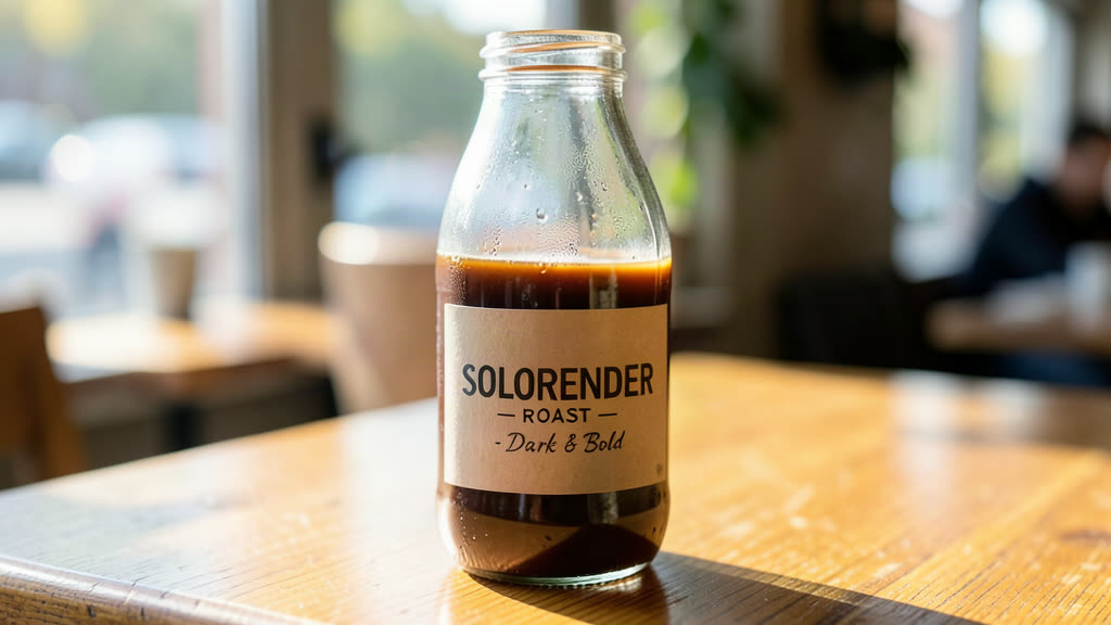 FLUX.2 Klein 4B: A cold-brew bottle with its label spelled right, condensation on the glass.
